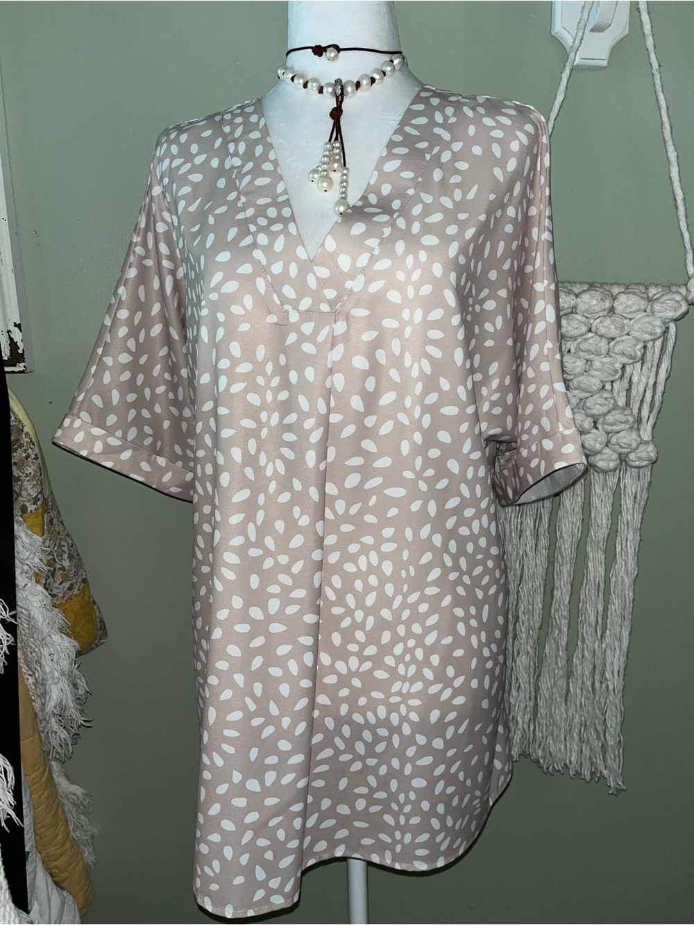 Taupe V-Neck Tunic with White Petal Print
